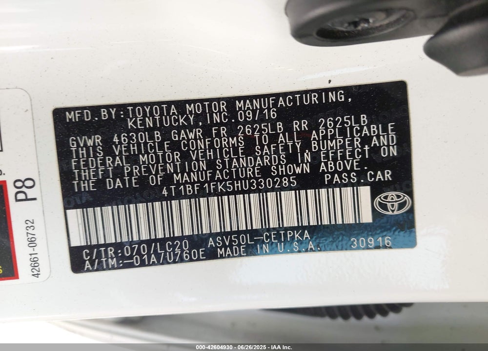 2017 TOYOTA CAMRY VIN: 4T1BF1FK5HU330285