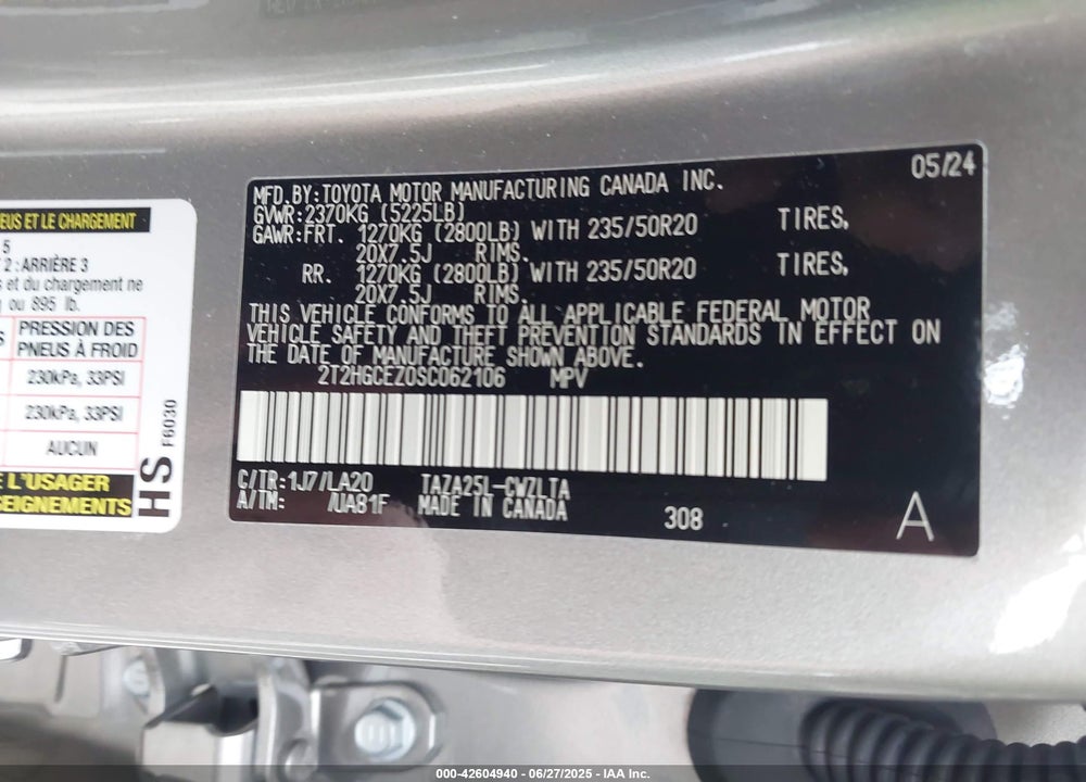 2025 LEXUS NX350 VIN: 2T2HGCEZ0SC062106