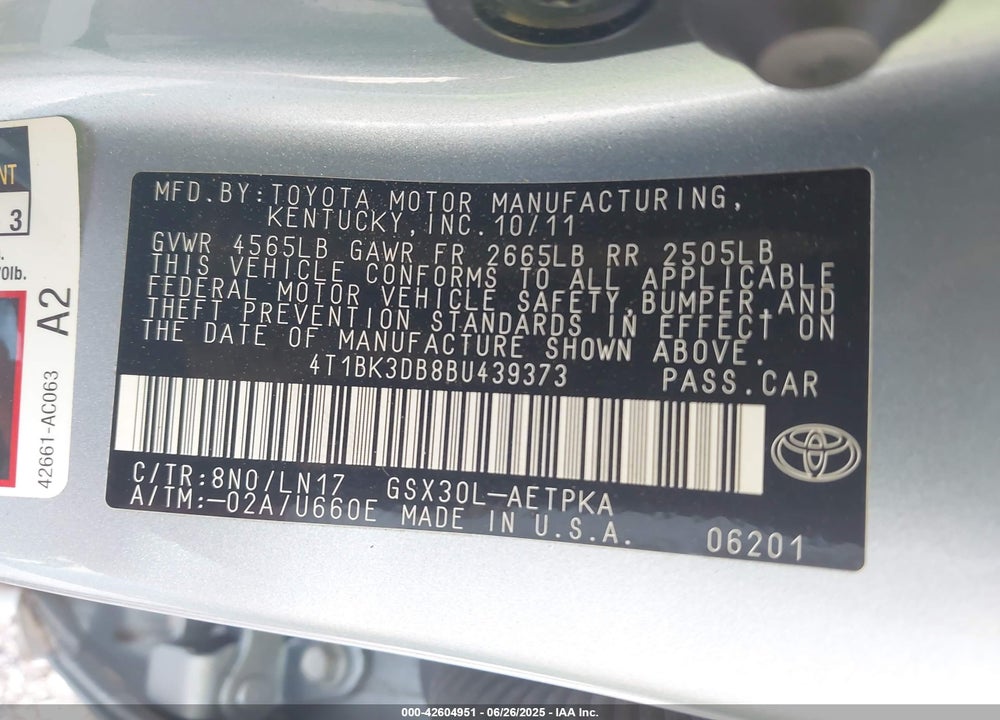 2011 TOYOTA AVALON VIN: 4T1BK3DB8BU439373