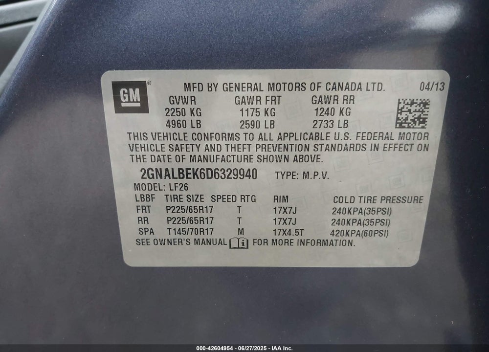 2013 CHEVROLET EQUINOX VIN: 2GNALBEK6D6329940