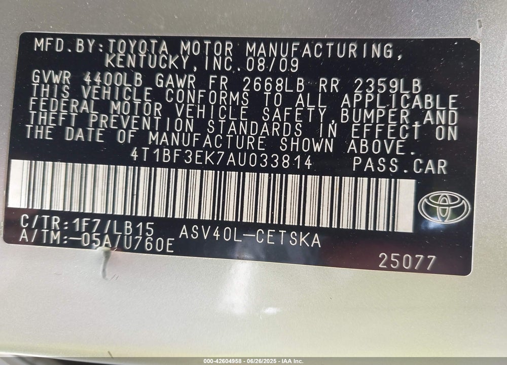 2010 TOYOTA CAMRY SE VIN: 4T1BF3EK7AU033814