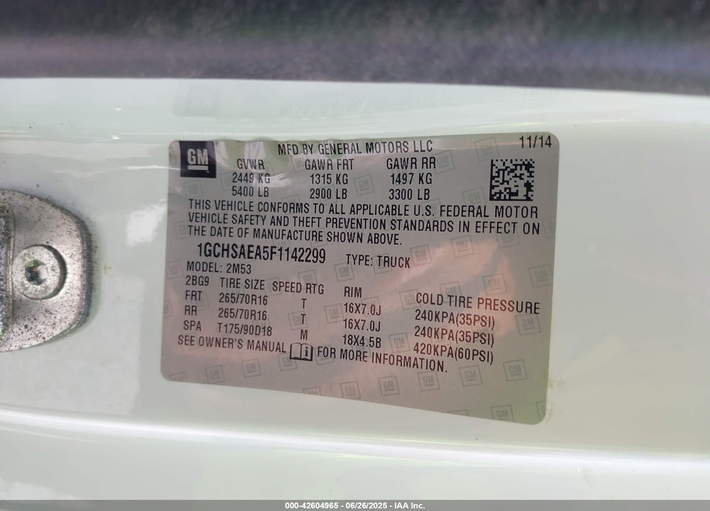 2015 CHEVROLET COLORADO WT VIN: 1GCHSAEA5F1142299