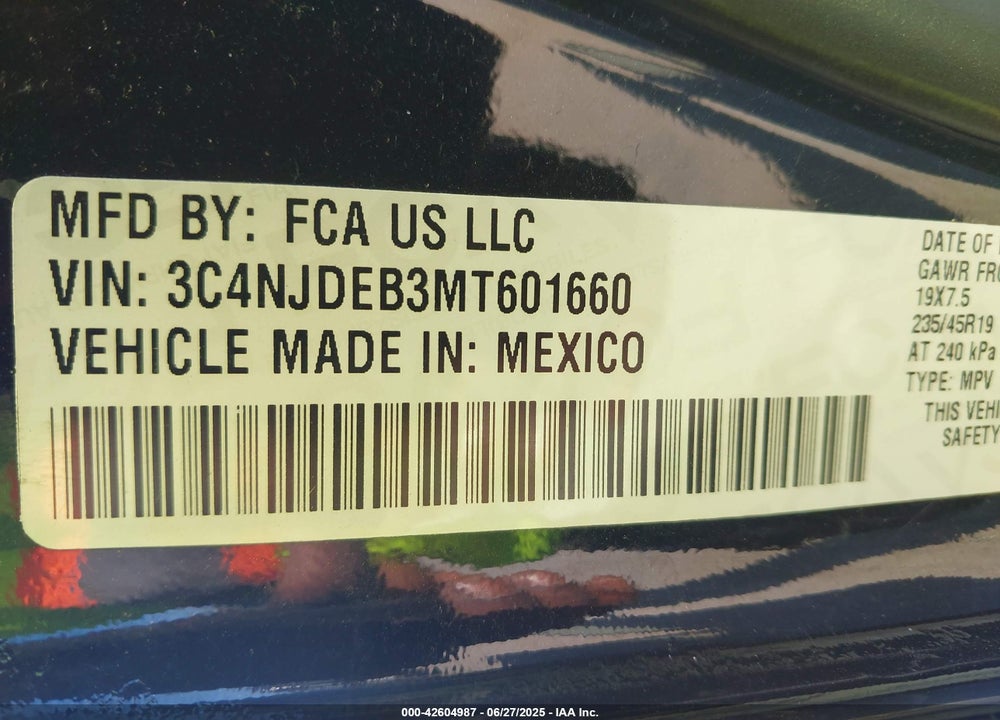 2021 JEEP COMPASS VIN: 3C4NJDEB3MT601660