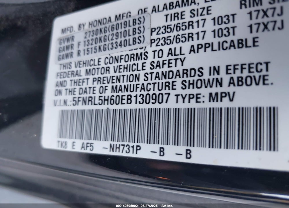 2014 HONDA ODYSSEY EX-L VIN: 5FNRL5H60EB130907