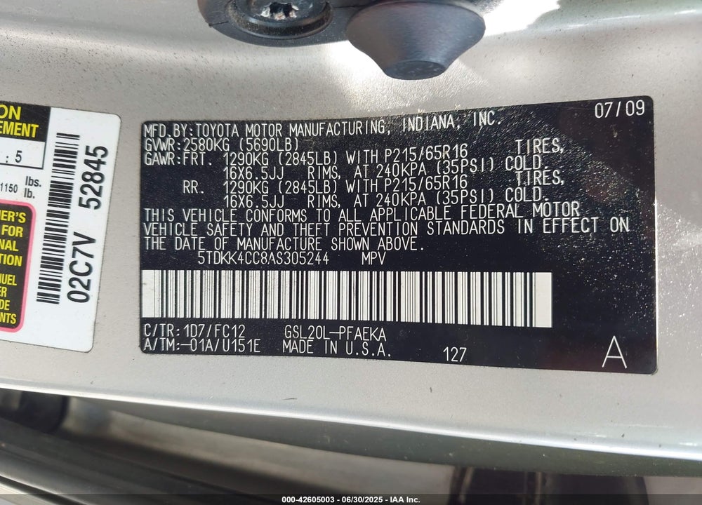 2010 TOYOTA SIENNA LE VIN: 5TDKK4CC8AS305244