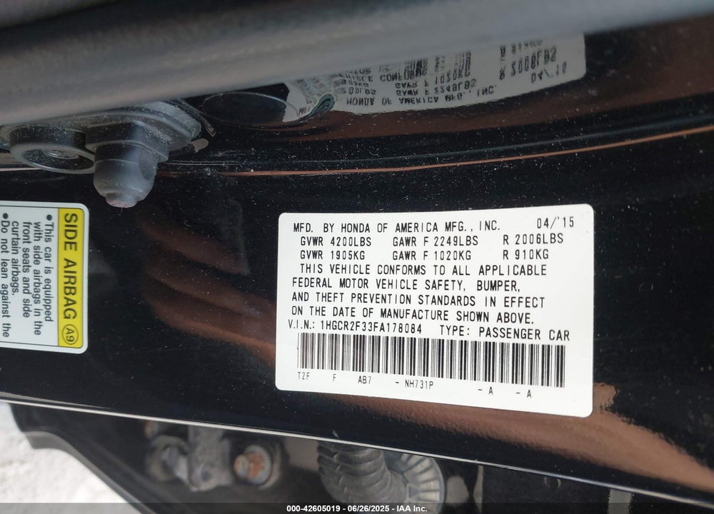 2015 HONDA ACCORD VIN: 1HGCR2F33FA178084