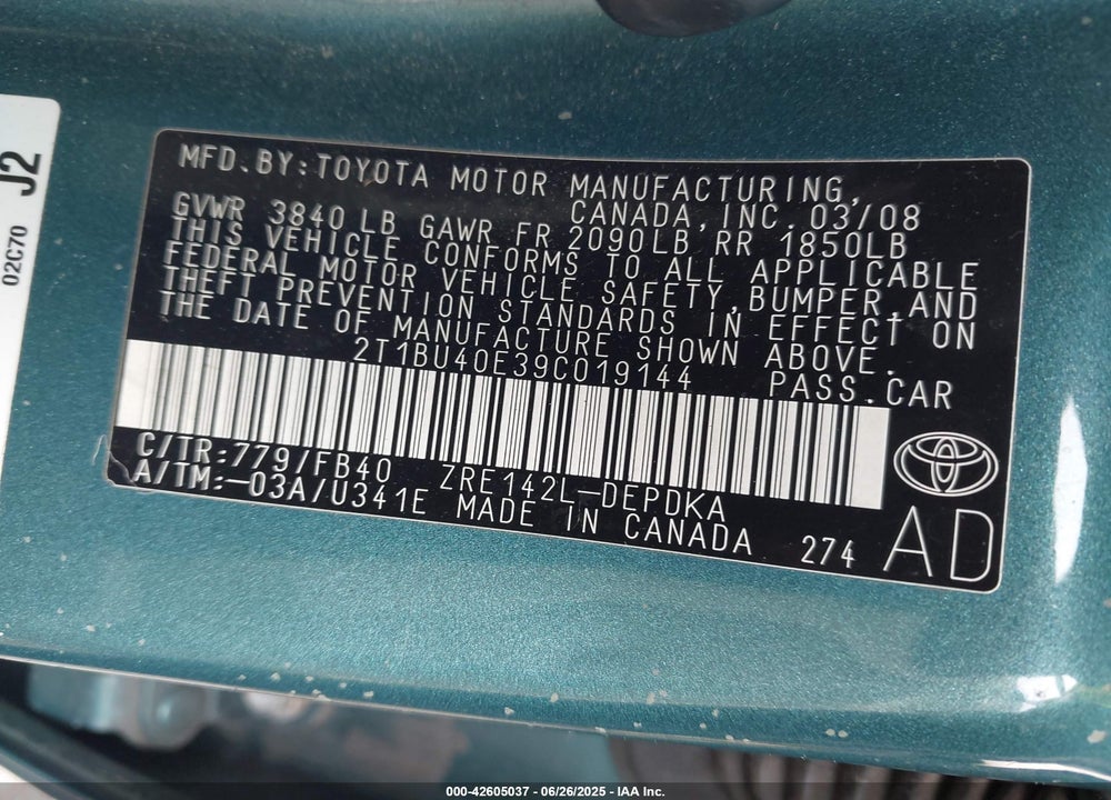 2009 TOYOTA COROLLA VIN: 2T1BU40E39C019144
