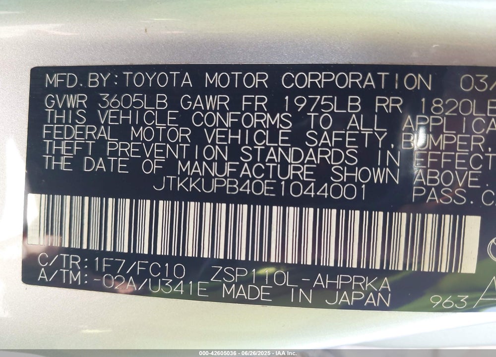 2014 SCION XD VIN: JTKKUPB40E1044001