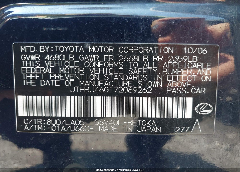 2007 LEXUS ES 350 VIN: JTHBJ46G172069262
