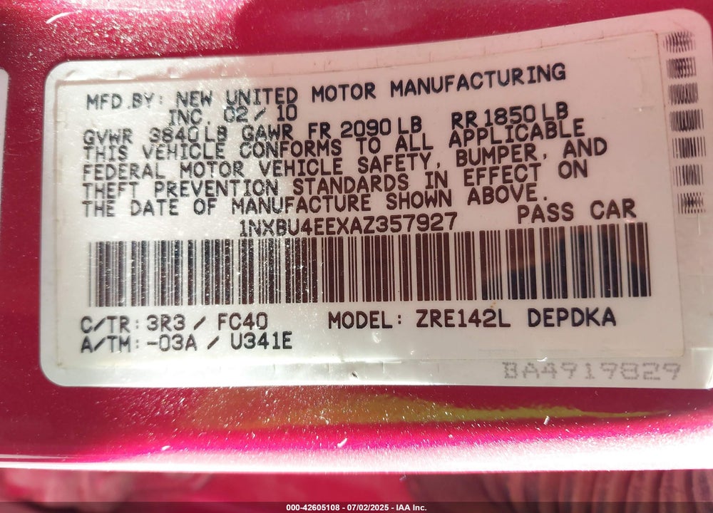 2010 TOYOTA COROLLA LE VIN: 1NXBU4EEXAZ357927