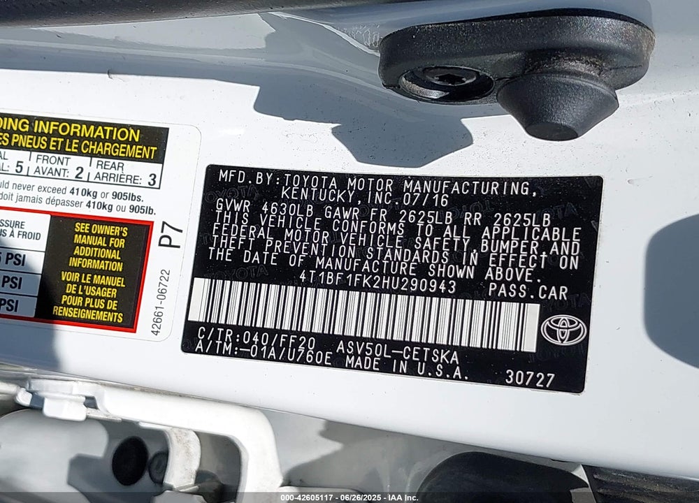 2017 TOYOTA CAMRY VIN: 4T1BF1FK2HU290943