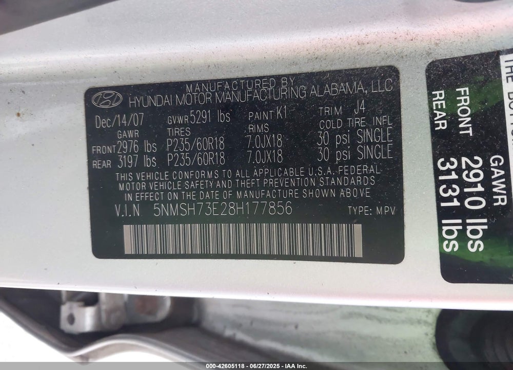 2008 HYUNDAI SANTA FE VIN: 5NMSH73E28H177856