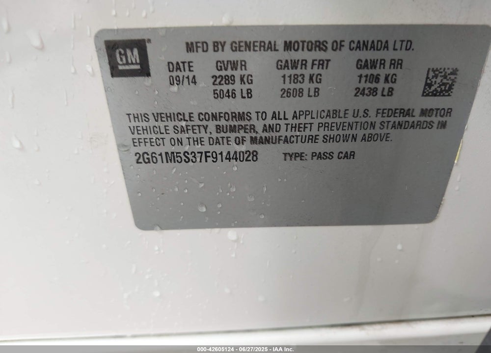 2015 CADILLAC XTS VIN: 2G61M5S37F9144028