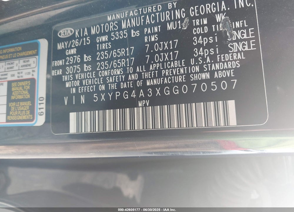 2016 KIA SORENTO VIN: 5XYPG4A3XGG070507