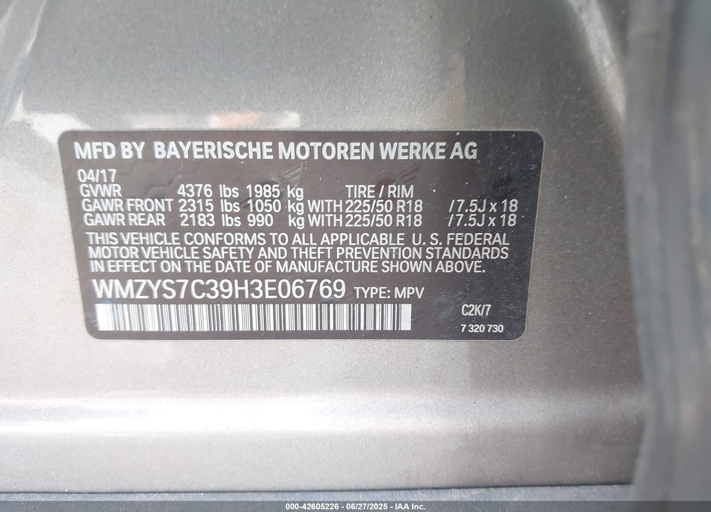 2017 MINI COOPER COUNTRYMAN VIN: WMZYS7C39H3E06769