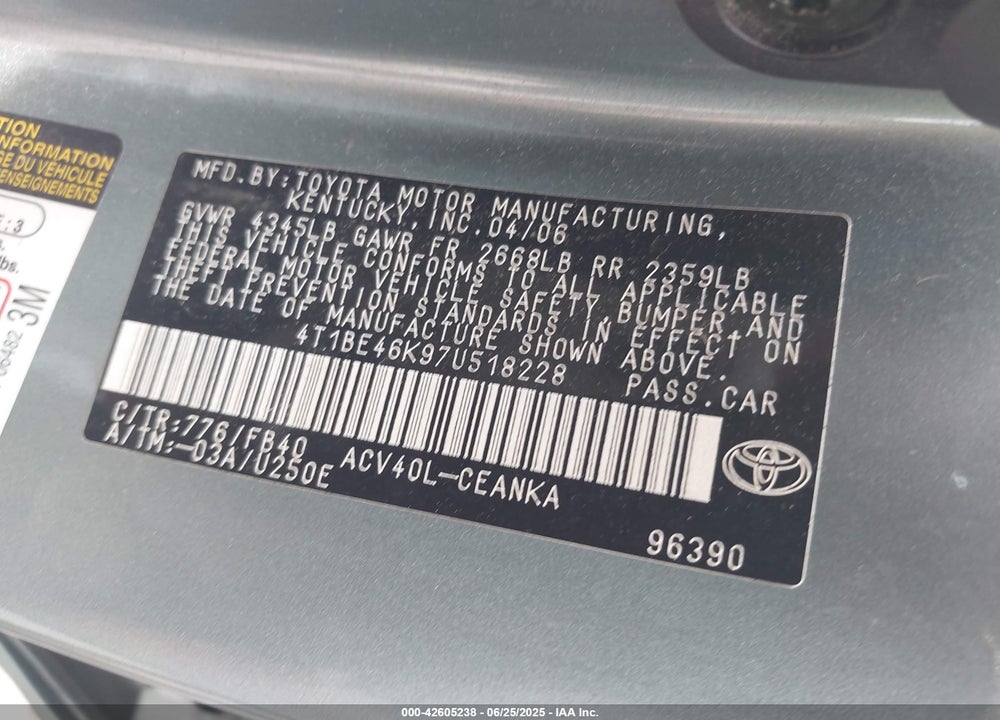 2007 TOYOTA CAMRY LE VIN: 4T1BE46K97U518228