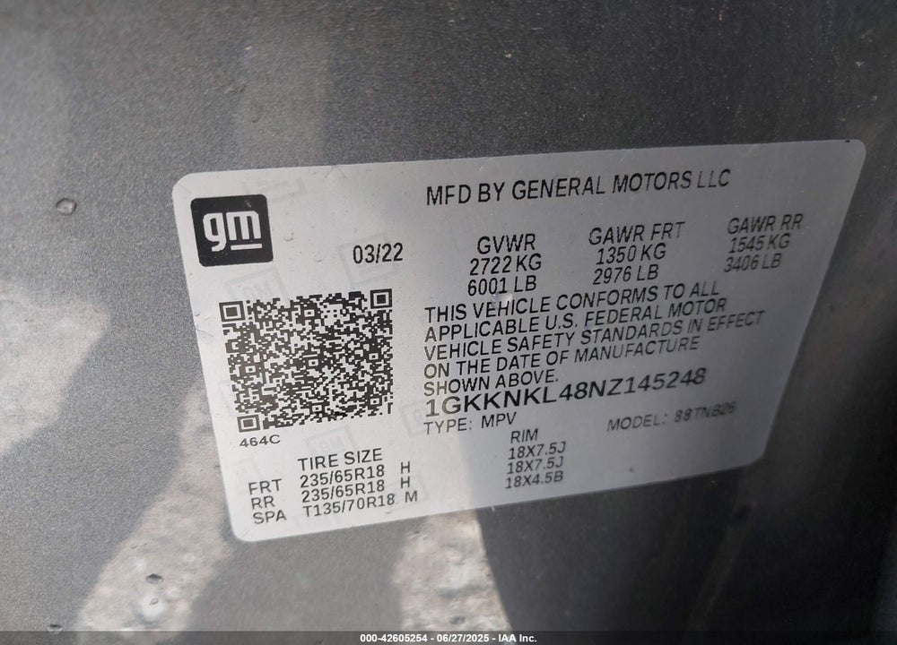 2022 GMC ACADIA FWD SLE VIN: 1GKKNKL48NZ145248