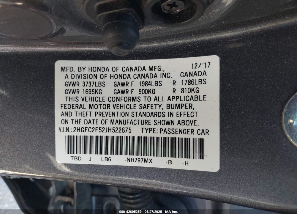 2018 HONDA CIVIC LX VIN: 2HGFC2F52JH522675