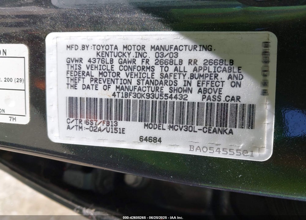 2003 TOYOTA CAMRY LE VIN: 4T1BF30K93U554432