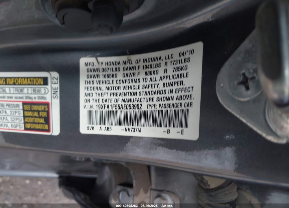 2010 HONDA CIVIC VIN: 19XFA1F55AE053902