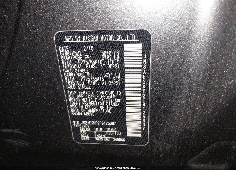 2015 NISSAN QUEST S VIN: JN8AE2KP2F9125697