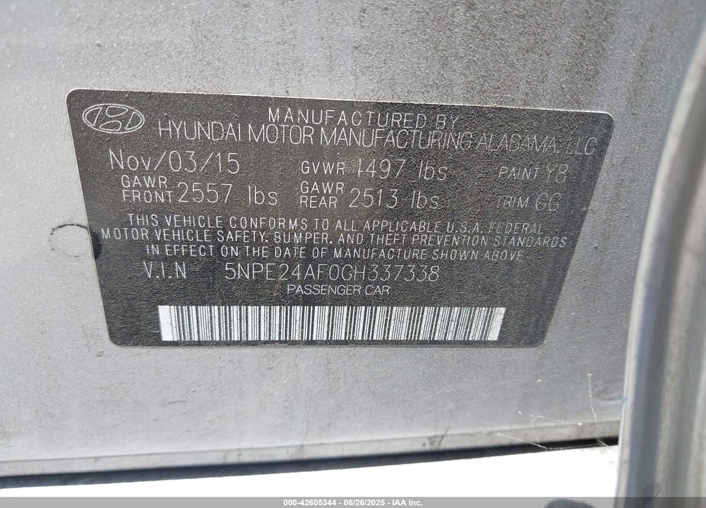 2016 HYUNDAI SONATA VIN: 5NPE24AF0GH337338
