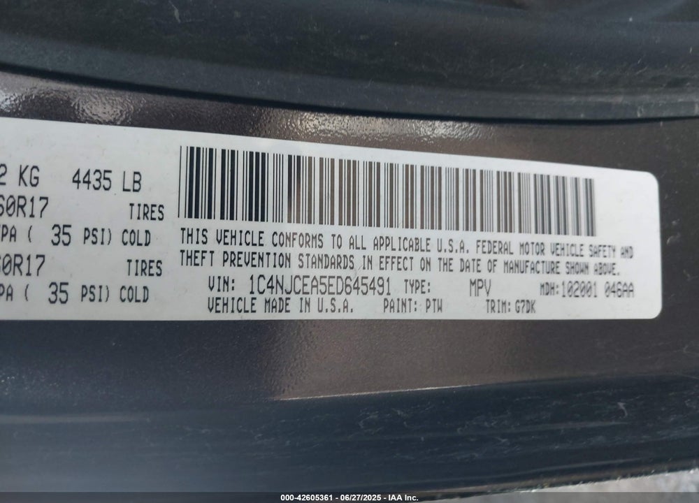 2014 JEEP COMPASS VIN: 1C4NJCEA5ED645491