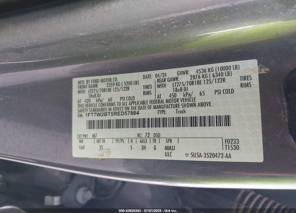 2024 FORD F-250 XLT VIN: 1FT7W2BT5RED57884