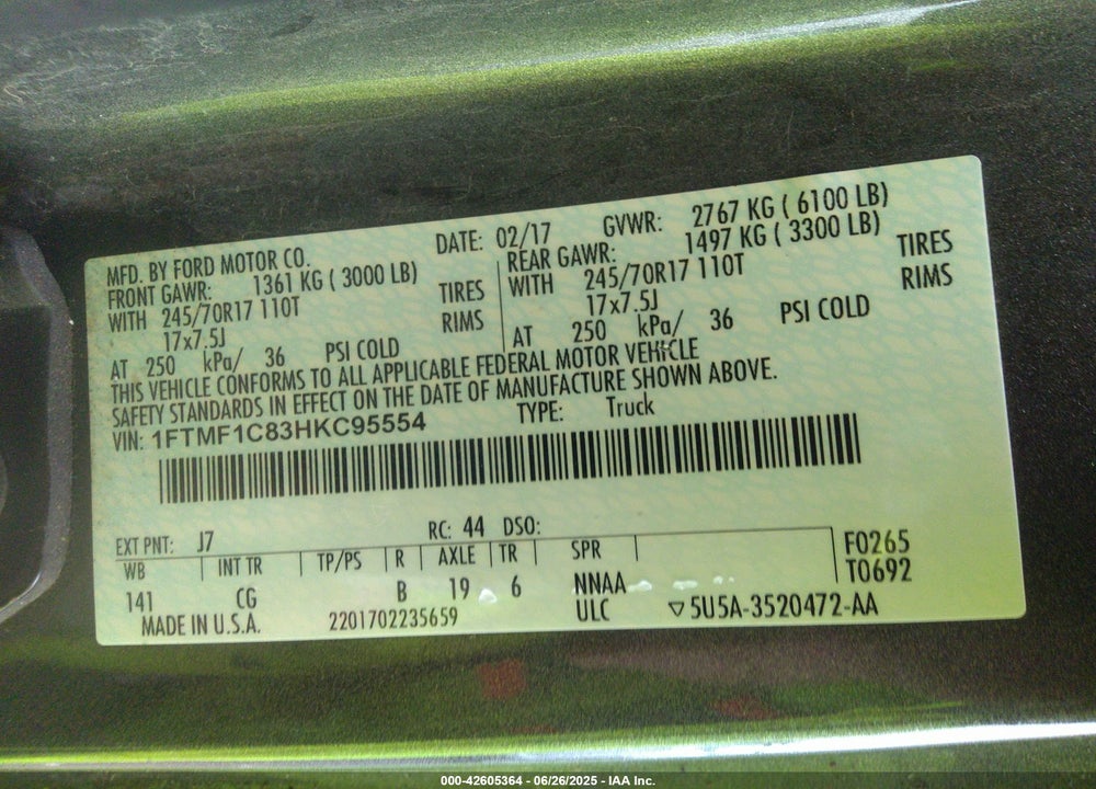 2017 FORD F150 VIN: 1FTMF1C83HKC95554