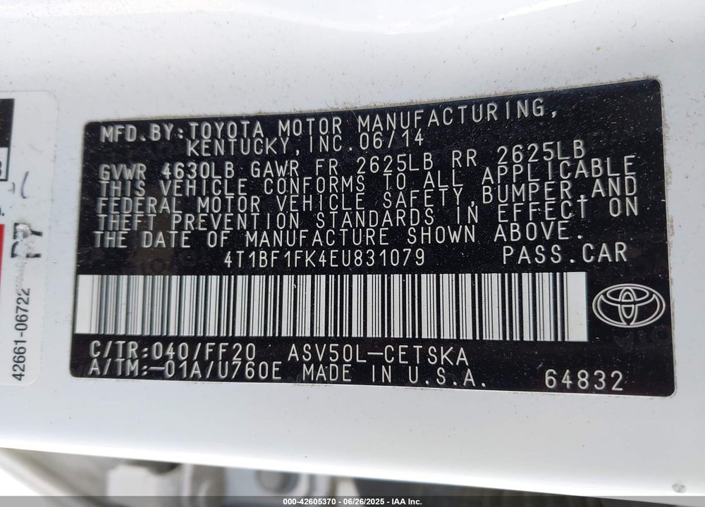 2014 TOYOTA CAMRY VIN: 4T1BF1FK4EU831079