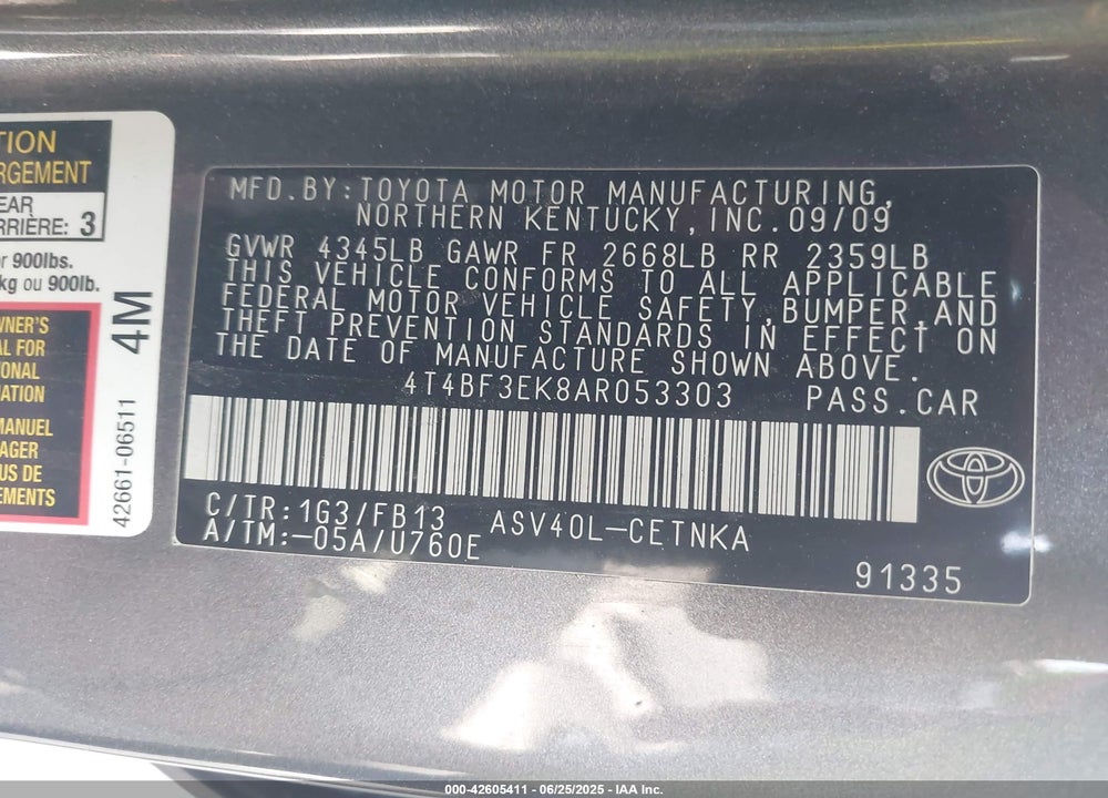 2010 TOYOTA CAMRY LE VIN: 4T4BF3EK8AR053303