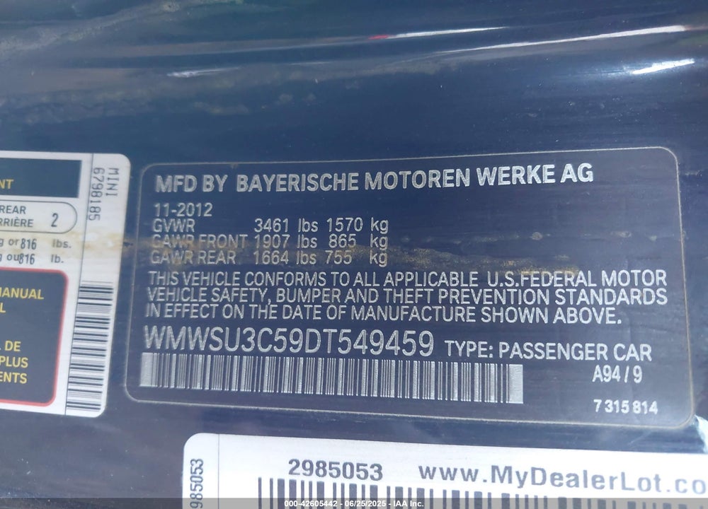 2013 MINI COOPER VIN: WMWSU3C59DT549459