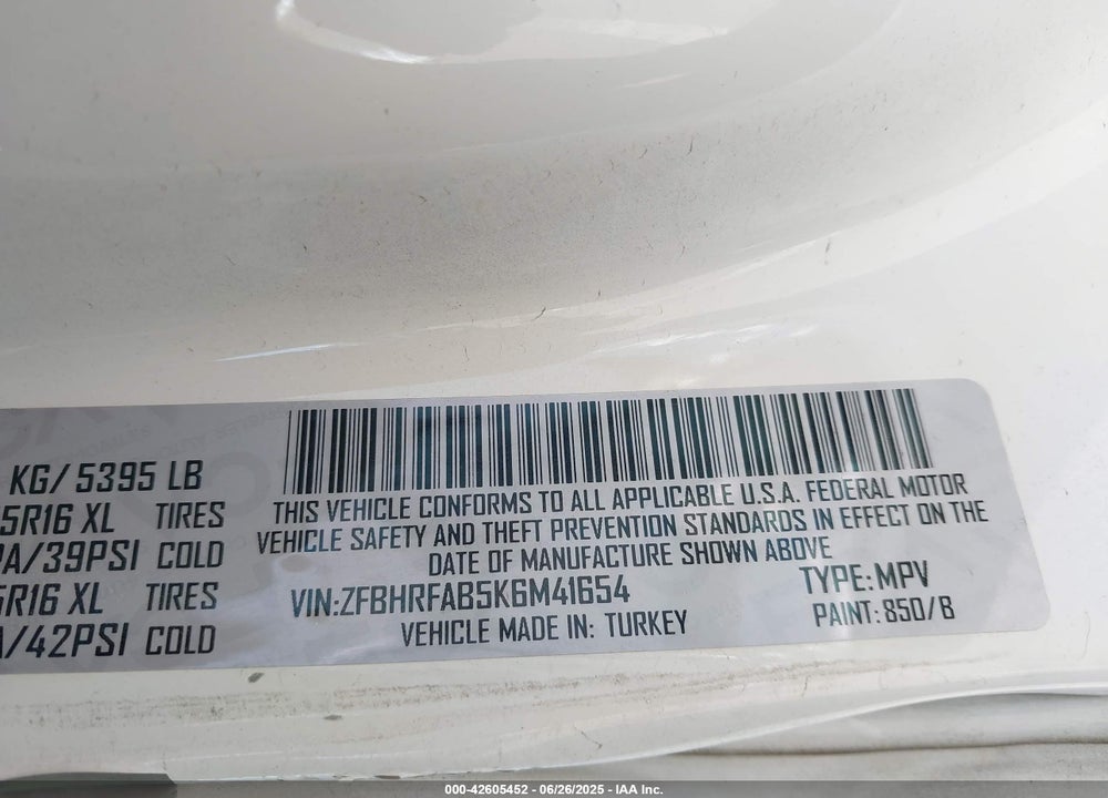 2019 RAM PROMASTER CITY TRADESMAN VIN: ZFBHRFAB5K6M41654
