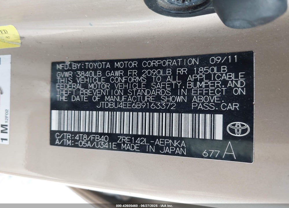 2011 TOYOTA COROLLA VIN: JTDBU4EE6B9163372