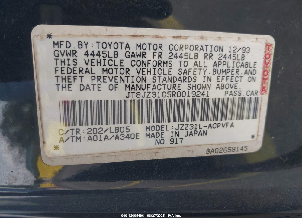 1994 LEXUS SC 300 VIN: JT8JZ31C5R0019241
