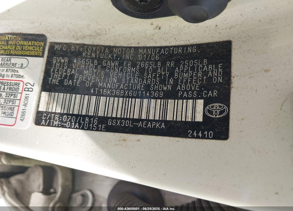 2006 TOYOTA AVALON VIN: 4T1BK36BX6U114369