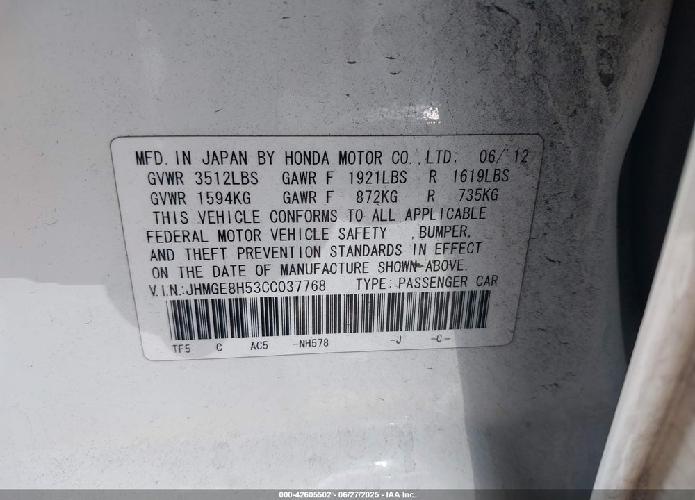 2012 HONDA FIT SPORT VIN: JHMGE8H53CC037768