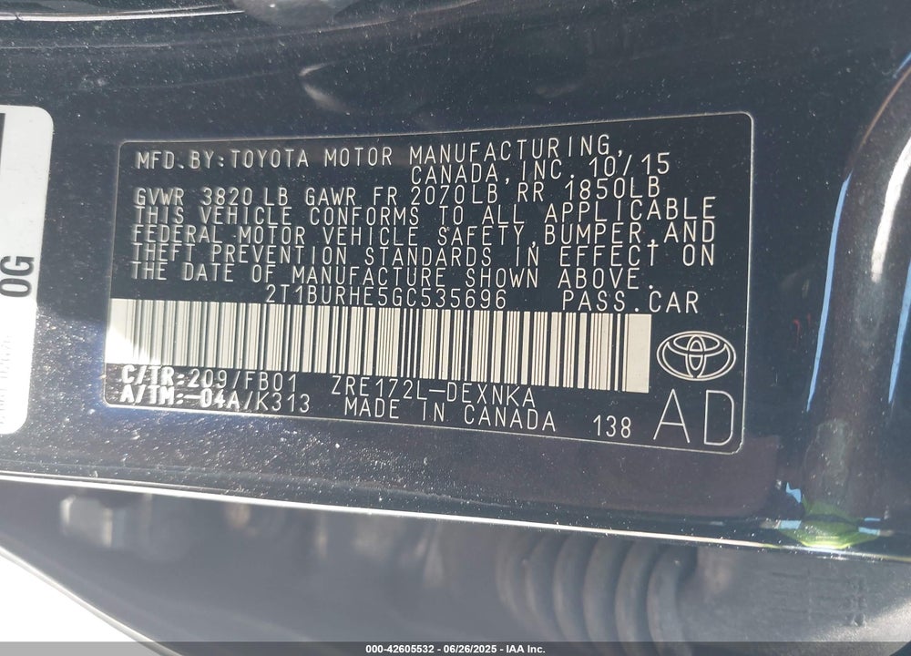 2016 TOYOTA COROLLA VIN: 2T1BURHE5GC535696