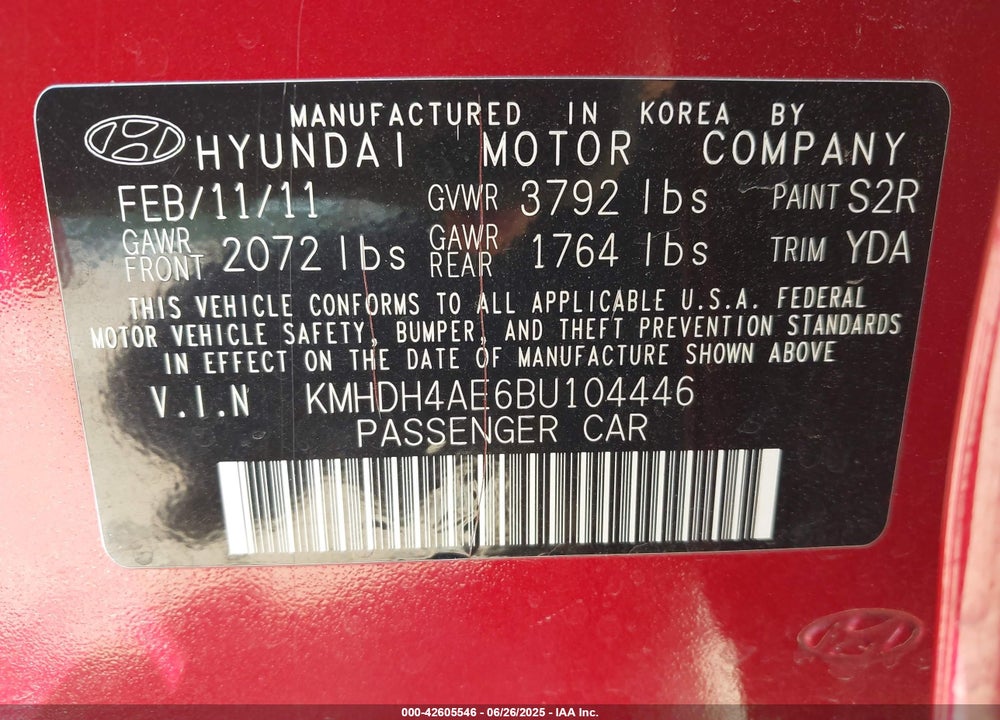 2011 HYUNDAI ELANTRA VIN: KMHDH4AE6BU104446