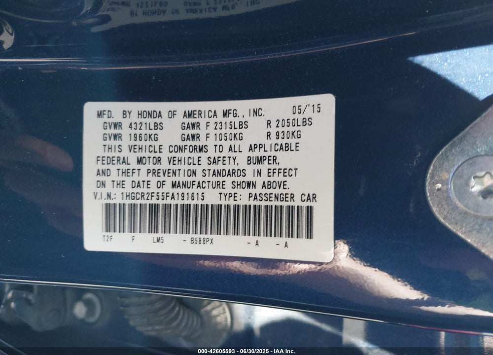 2015 HONDA ACCORD VIN: 1HGCR2F55FA191615