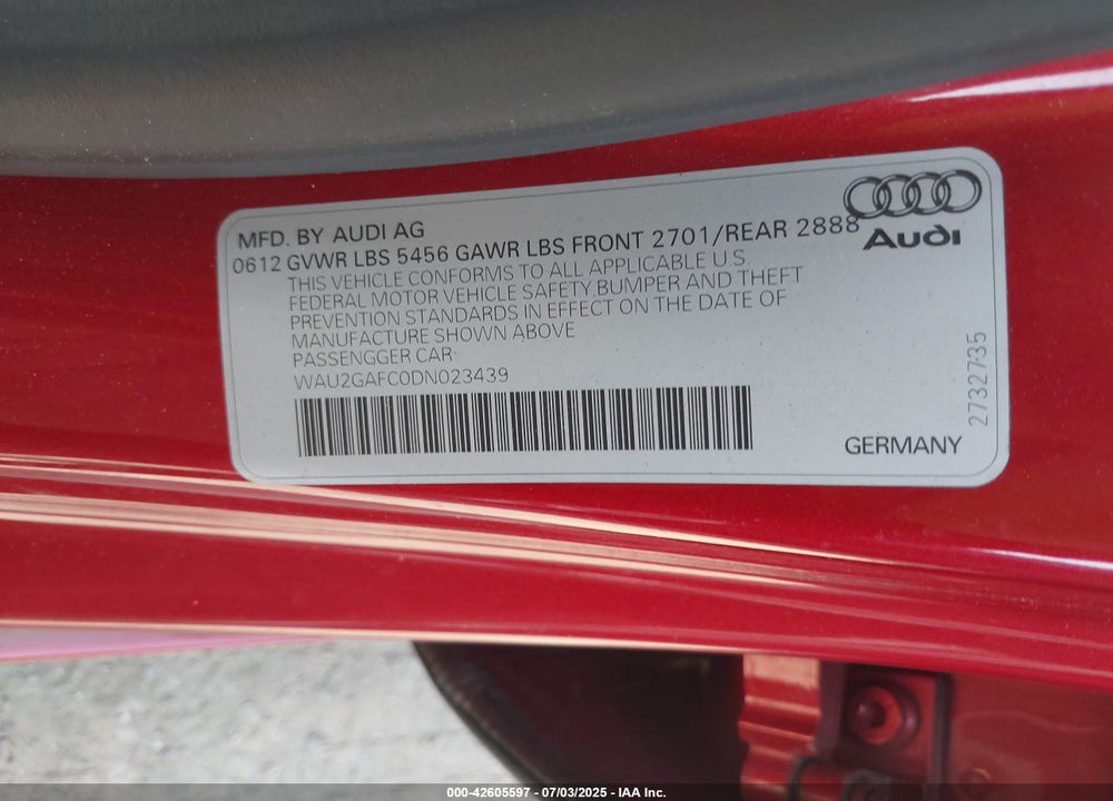 2013 AUDI A7 VIN: WAU2GAFC0DN023439