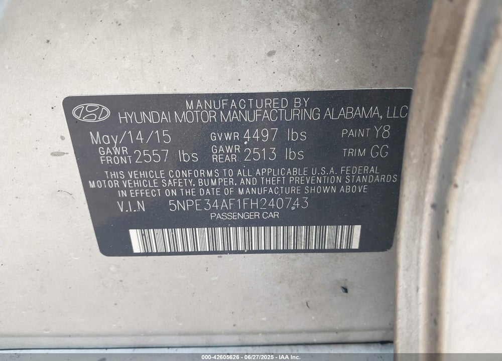 2015 HYUNDAI SONATA VIN: 5NPE34AF1FH240743