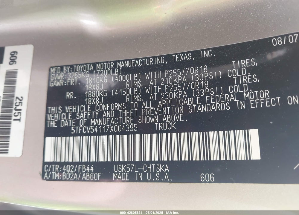 2007 TOYOTA TUNDRA VIN: 5TFCV54117X004395