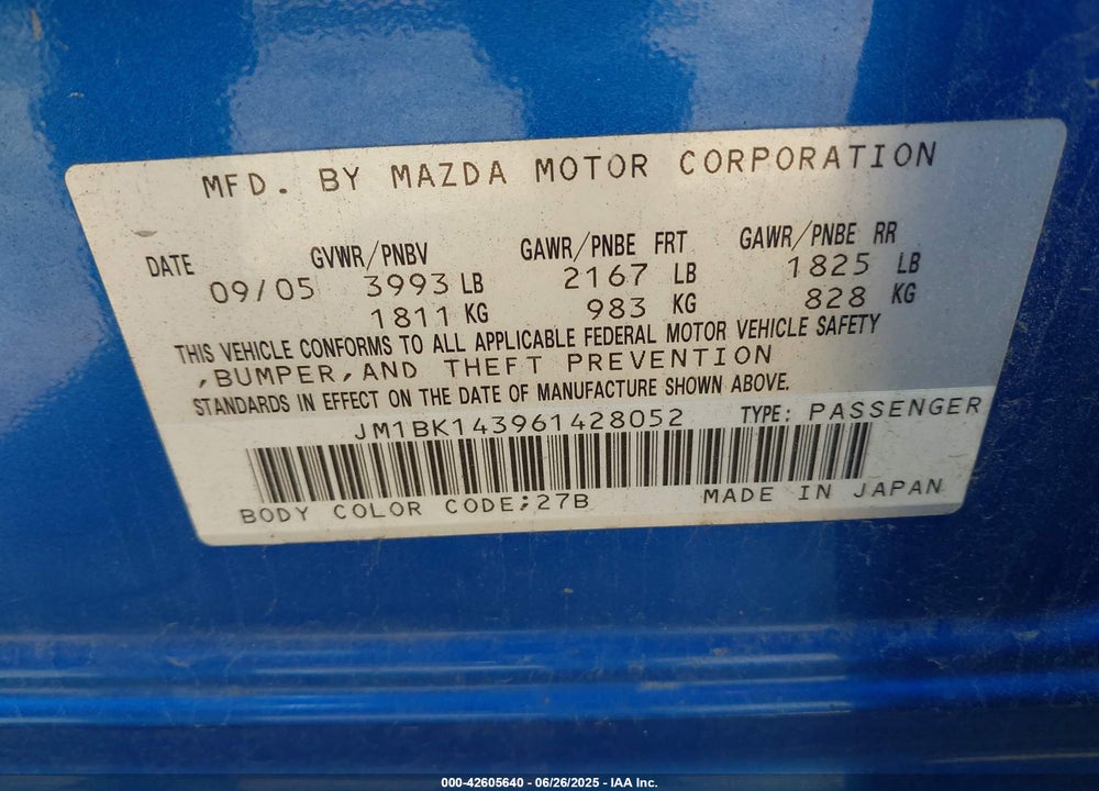 2006 MAZDA 3 VIN: JM1BK143961428052