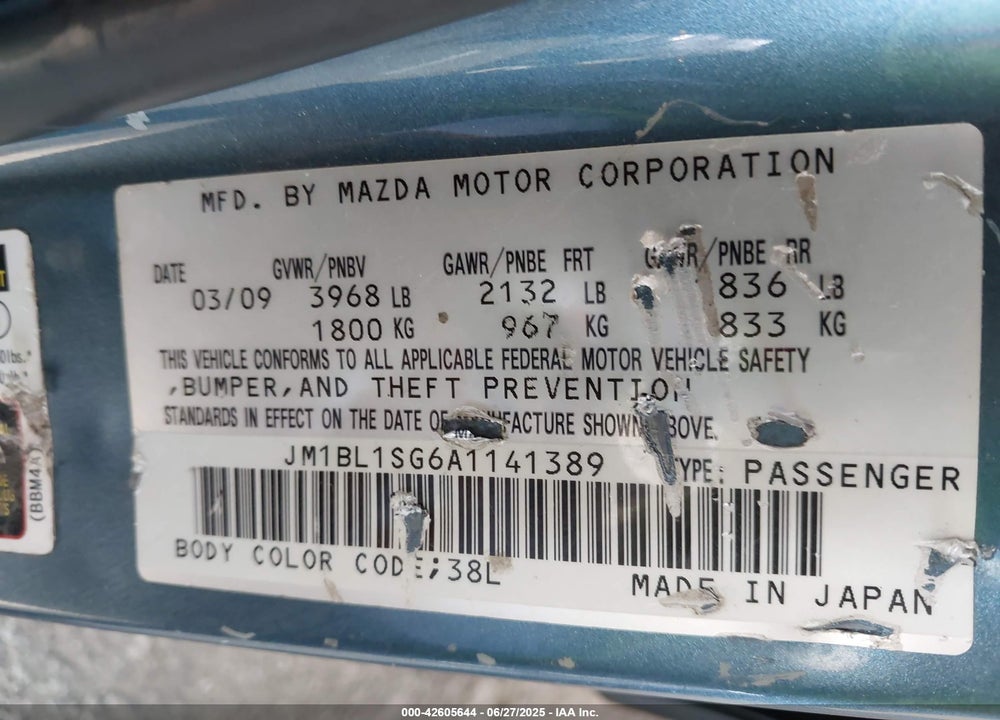 2010 MAZDA 3 VIN: JM1BL1SG6A1141389