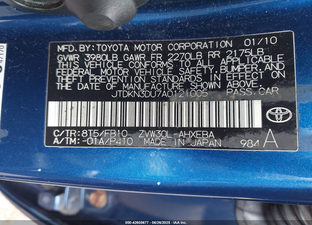 2010 TOYOTA PRIUS VIN: JTDKN3DU7A0121005