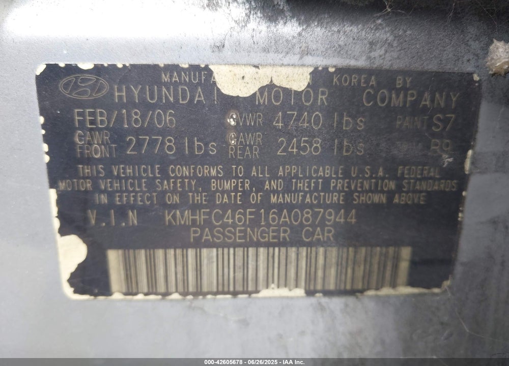 2006 HYUNDAI AZERA LIMITED/SE VIN: KMHFC46F16A087944
