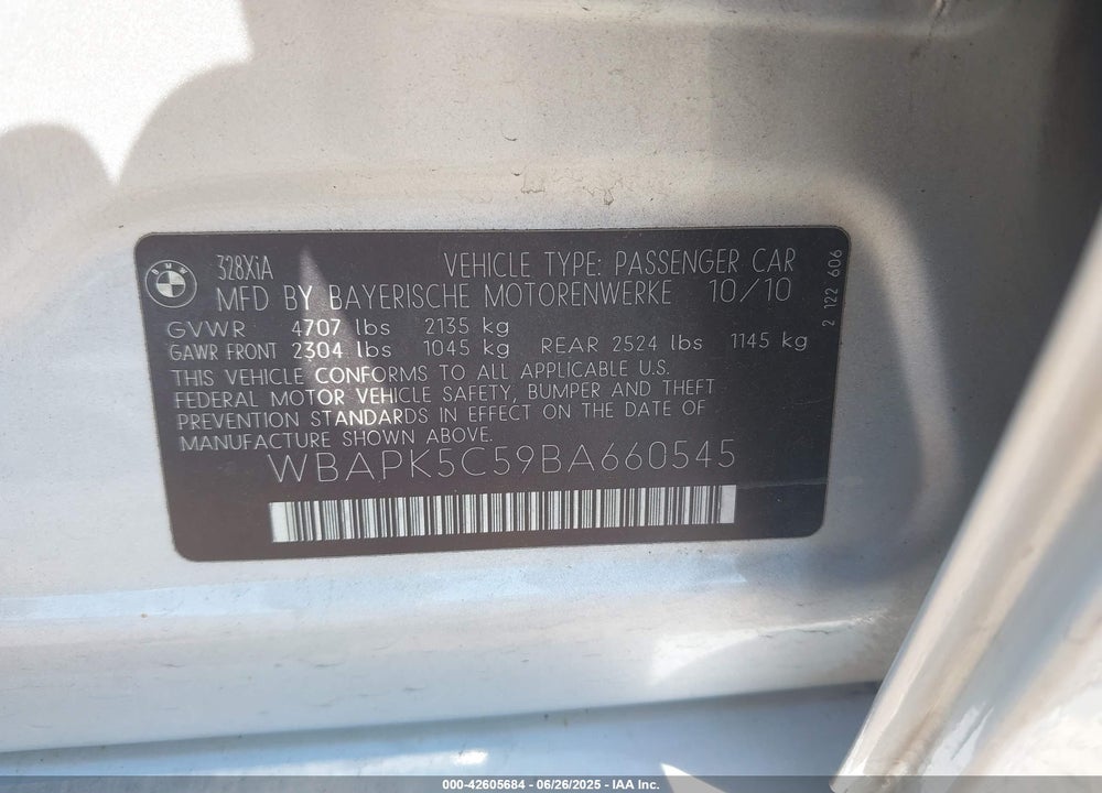 2011 BMW 3 SERIES VIN: WBAPK5C59BA660545