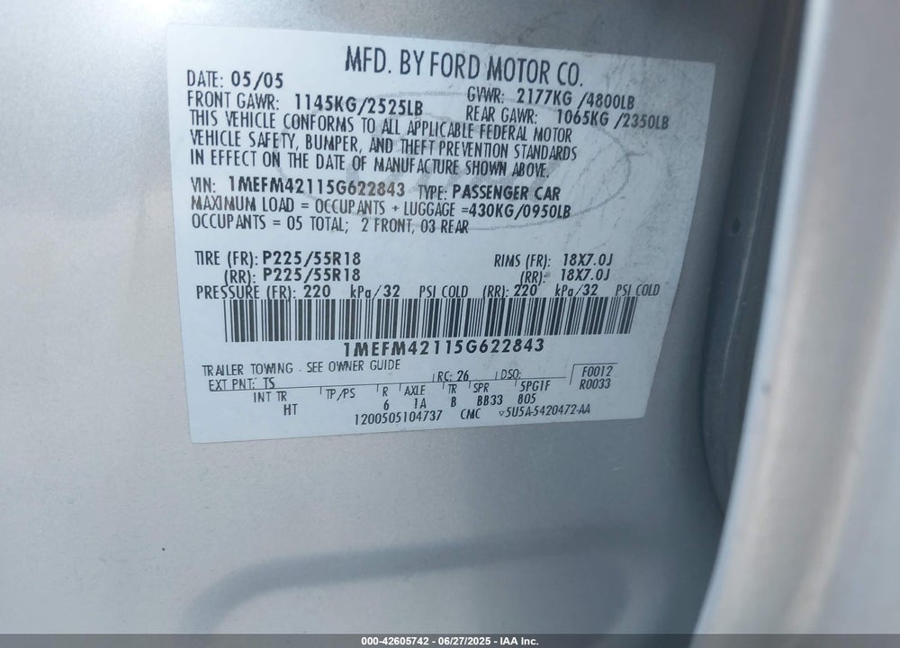 2005 MERCURY MONTEGO PREMIER VIN: 1MEFM42115G622843