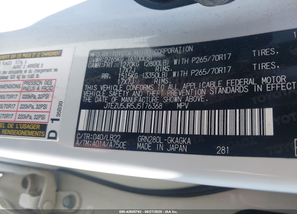 2018 TOYOTA 4RUNNER SR5 PREMIUM VIN: JTEZU5JR5J5176368